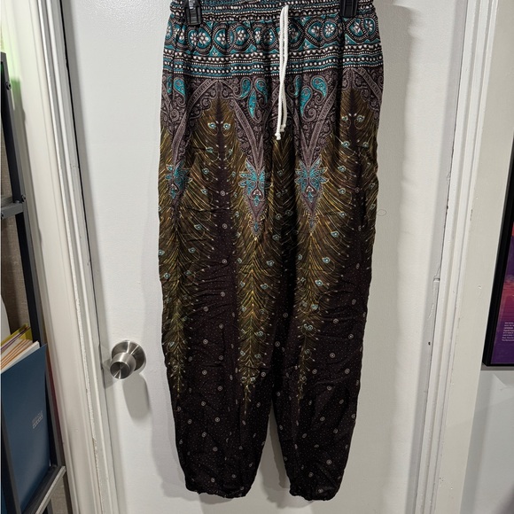 Pants - Vibrant Peacock Print Harem Pants